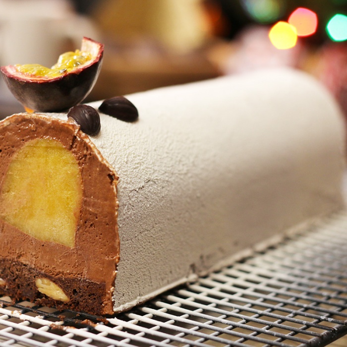 Bûche de Noël marrons, chocolat, praliné